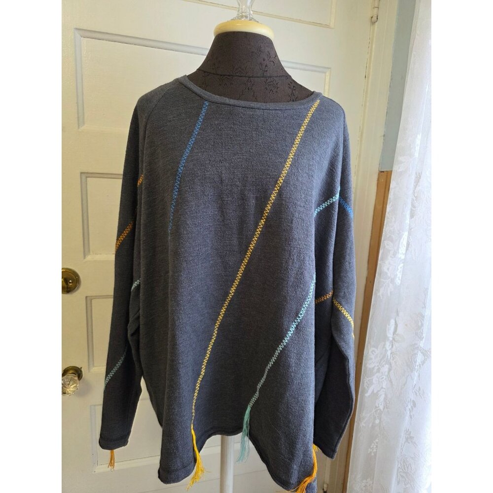 Indigo Thread Co. Womens 1X Charcoal Tunic Multicolor Stitching Tassel Boho